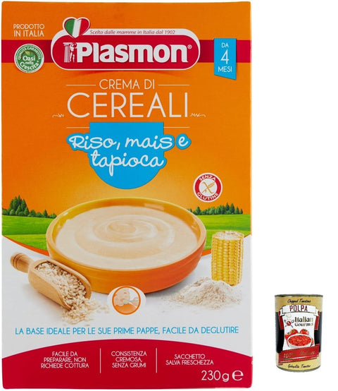 6 x Plasmon Crema di Cereali Riso, Mais e Tapiocca 230 g + Italian Gourmet Polpa 400 g