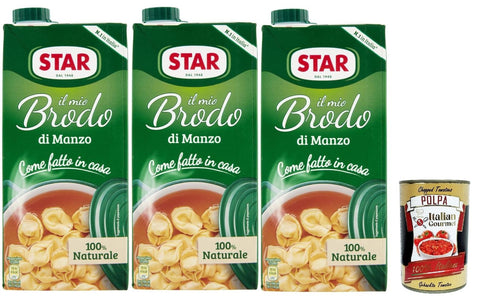 Star Il Mio Brodo Manzo, 3 x 1 L, Ready Made Liquid Broth, 100% Natural, No Preservatives, Gluten-Free and Added Glutamate-Free + Italian Gourmet Polpa 400 g