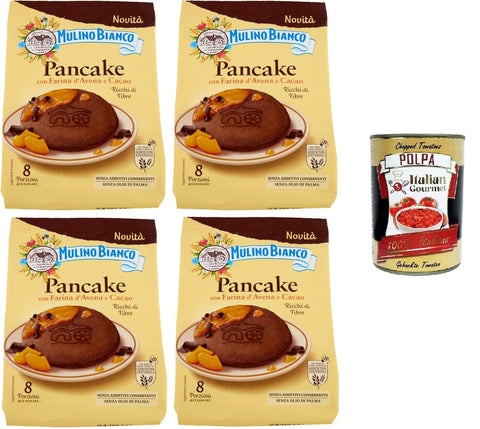 Mulino Bianco Pancake with Farina d'Avena e Cacao Pancake with Oatmeal and Cocoa Breakfast 8 Servings 4 x 256 g + Italian Gourmet Polpa 400 g