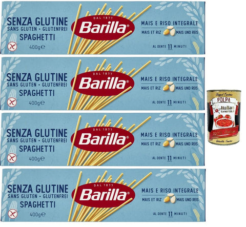 Barilla Gluten Free Spaghetti - 4 x 400 g (1.6 kg) | Corn & Whole Grain Rice, al Dente in 11 Minutes, Vegan & Gluten Free - Perfect Sauce Adhesion, Italian Quality + Italian Gourmet Polpa