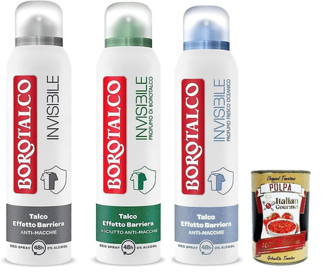 Borotalco Invisible Deodorant Spray Test Pack, Alcohol-free Formula with Talcum Barrier Effect, Classic 48-Hour Perfume, 4 x 150 ml + Italian Gourmet Polpa 400g