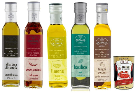 Olitalia Olio Condimento a Base di olio extra virgin di oliva all'aroma test package, extra virgin olive oil flavour 5 x 250 ml + Italian gourmet polpa 400 g