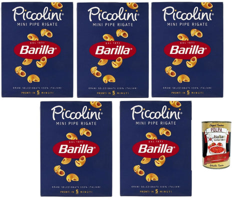 Barilla Piccolini Mini Pipe Rigate - Italian Pasta, 5 Minutes Cooking Time, 100% Italian Durum Wheat, al Dente - Pack of 5 - Family Friendly - + Italian Gourmet Polpa