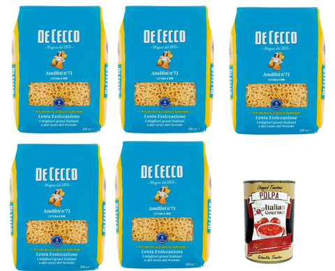 De Cecco Anellini N°71, 100% Italian Pasta Pasta, 5 x 500 g + Italian Gourmet Polpa 400 g