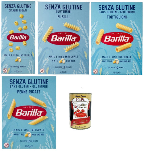 Barilla Senza Glutine Pasta Mix - 4 × 400 g (Ditalini, Fusilli, Tortiglioni, Penne Rigate) of Corn & Whole Grain Rice, al Dente 9-11 Min., Soups & Sauces, Made in Italy + Italian Gourmet Polpa