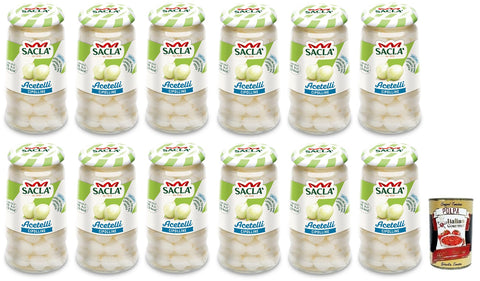12 x Sacla, Acetelli, Cipolline All'Aceto di Vino, Onions in Wine Vinegar, Ideal for Appetizers, Appetizers and Salads, Glass 300 g + Italian Gourmet Polpa di Pomodoro 400 g Tin