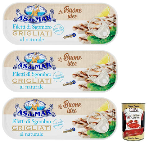 3 x AS do MAR Filetti di Sgombro Grigliati al Naturale, Natural Grilled Mackerel Fillets and Full Salt, 120 g Tin + Italian Gourmet Polpa di Pomodoro 400 g Tin