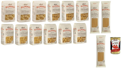 Rummo Pasta Bucatini Test Pack - Rigatoni - Gnocchetti Sardi - MAFALDOTTE - SEDANI, Italian Pasta Made from Durum Wheat Semolina, 15 x 500 g + Italian Gourmet Polpa 400 g