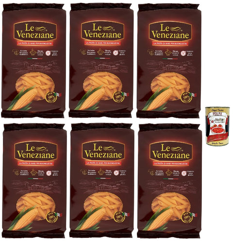 Le Veneziane Pasta di Mais Penne Rigate, Senza Glutine, 100% Italian Corn Noodles, Gluten Free, 6 x 250 g + Italian Gourmet Polpa 400 g