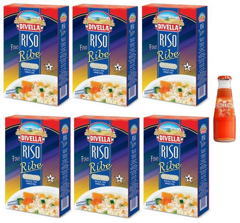 6 x Divella Ribe Rice, Rice Fine Beans, Ideal for Soups and Soups, Vacuum Pack of 1 kg +1 x Gingerino Recoaro Italian Aperitif 10 cl