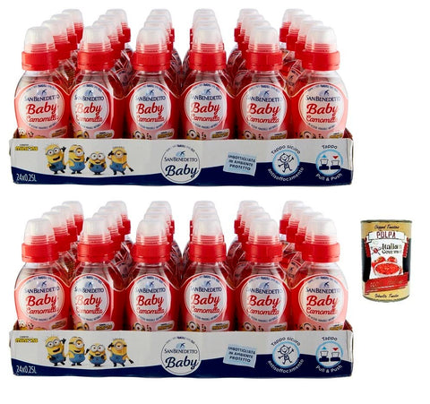 48 x San Benedetto Baby Camomilla Fragola, Chamomile with Strawberry Flavour, Carbonated Drink in Natural Mineral Water Pull Push, 25 cl + Italian Gourmet Polpa di Pomodoro 400 g Tin