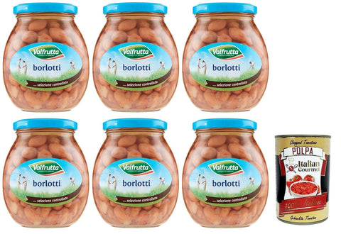6 x Valfrutta Fagioli Borlotti, Italian Borlotti Beans, Legume Vegetable Boiled Beans, Glass 360 g + Italian Gourmet Polpa di Pomodoro 400 g Tin