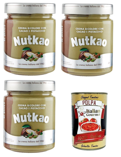 Nutkao Crema Bicolore con Cacao e Pistacchio Two-Tone Cream with Cocoa and Pistachios 3 x 330 g + Italian Gourmet Polpa 400 g