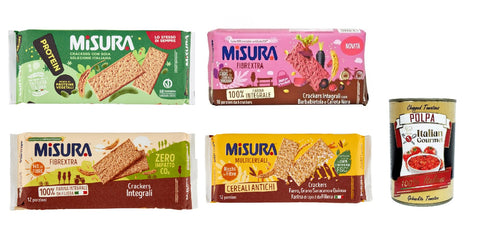 Misura Crackers Fibraextra Soia Multigrain Italian Flour Test Pack of 4 + Italian Gourmet Polpa 400g