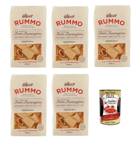 Rummo Le Leggendarie Paccheri Lisci No. 111, Pasta Lenta Lavorazione Pasta Made of Durum Wheat Semolina Bronze Drawing 5x 500g + Italian Gourmet Polpa 400g