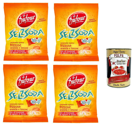 Dufour Selz Soda Sparkling Sweets with Orange and Lemon Filling 4 x 150 g + Italian Gourmet Polpa 400 g