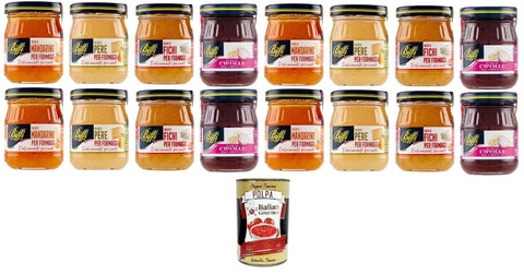 Biffi Salse per formaggi Mandarino, Pera, Fichi, Cipolla Onion Sauce, Cheese Sauces Mandarin, Pear, Fig - Sweet Spicy 16 x 100 g + Italian Gourmet Polpa 400 g