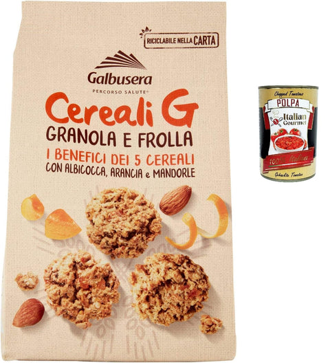 6 x Galbusera Cereali G Granola e Frolla Shortbread Biscuits with Cereal and Fruit with Apricot, Orange and Almonds Cookies Biscuits 300 g + Italian Gourmet Polpa 400 g