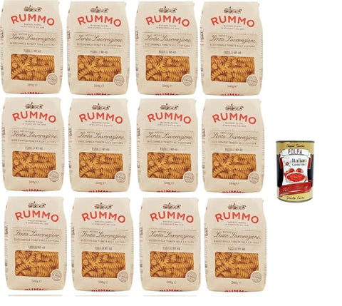 Rummo Fusilli No. 48 Pasta 12 x 500 g | Durum Wheat Semolina, Slowly Processed Al Bronzo - Bite Resistant, Dormant Dried - Family Storage Box + Italian Gourmet Polpa