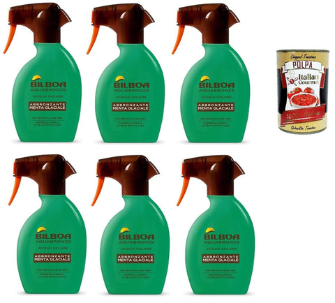 Bilboa Aquabronze Glacier Mint Tanning Spray with Menthol and Aloe Vera, Refreshes and Moisturises the Skin, Ideal for Dark and Tanned Skin, 6 x 250 ml + Italian Gourmet Polpa 400 g