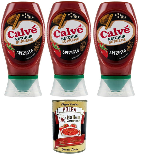 Calvé Ketchup Supreme Spicy 3 x 276 g - Intense Taste with Fine Spices | Perfect with Chips, Meat & Sandwiches | No Artificial Colours & Preservatives + Italian Gourmet Polpa
