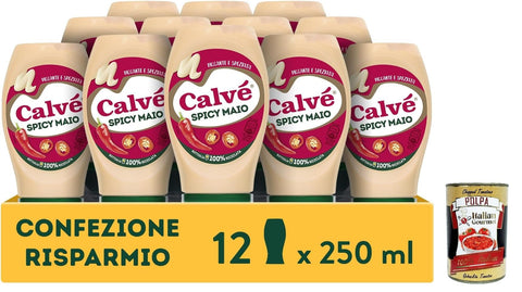 Calvé Maionese Spicy Mayo, 12 x 250 ml, Mayonnaise with Paprika and Cayenne Pepper Additive, Spicy and Hot Sauce, Ideal for Sushi, Pokè and Fried + Italian Gourmet Polpa 400 g