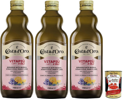 Costa d'Oro Vitapiù 4 oli, 750 ml. Oil rich in Omega 3 and 6 and vitamin E. 3 x 75 cl. + Italian Gourmet polpa 400g