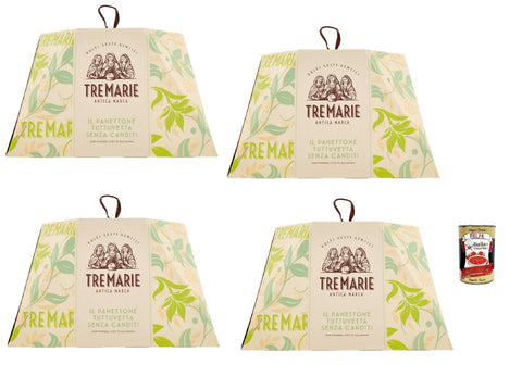 Tre Marie Panettone Tuttu Uvetta 4 x 1 kg without Candied Fruit, Rich in Sultanas - Italian Christmas Cake, Soft & Fragrant, Long Dough Guide Gift Packaging + Italian Gourmet Polpa 400 g