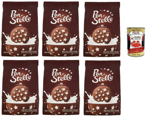 Mulino Bianco Pan di Stelle 6 x 350 g, Italian Cocoa Biscuits with Sugar Stars, No Palm Oil, Breakfast, Snack & Dessert, Family Pack 2.1 kg + Italian Gourmet Polpa
