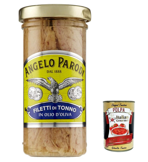 6 x Angelo Parodi Filetti di Tonno in Olio d'Oliva in vetro, Tuna Fillets in Olive Oil in Glass 150 g + Italian Gourmet Polpa 400 g