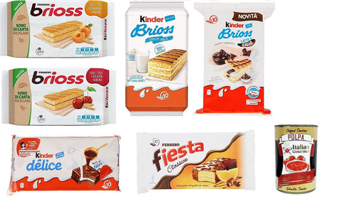 Ferrero Children's Test Pack Brioss Delice Fiesta Albicocca Ciligia Cacao and Latte Cake 6 Pack of 10 Snacks, 280 g + Italian Gourmet Polpa 400 g