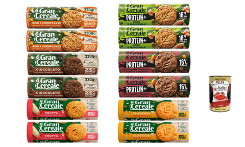 GranCereale Test Pack 12 x 230 g | 2 of each variety: Classico, Frutta, Cioccolato, Riso & Cornflakes, Protein + Fig & Almonds, Dark Orange - 2.76 kg Recyclable + Italian Gourmet Polpa