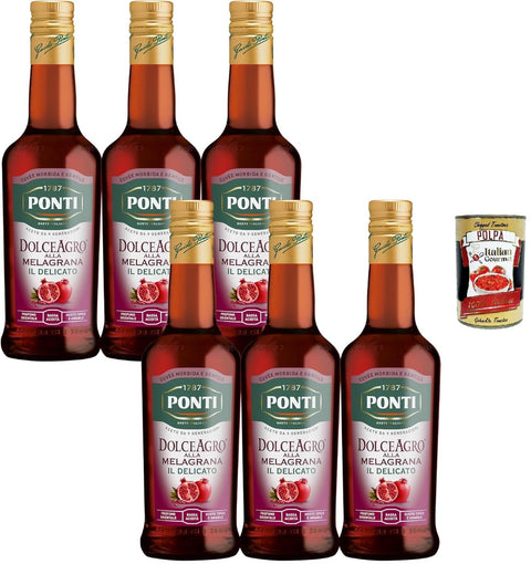 Ponti Vinegar Dolceagro with Pomegranate, Flavour with an Oriental Perfume and Low Acidity, Ideal for Salads and White Meat, 6 x 500 ml + Italian Gourmet Polpa 400 g