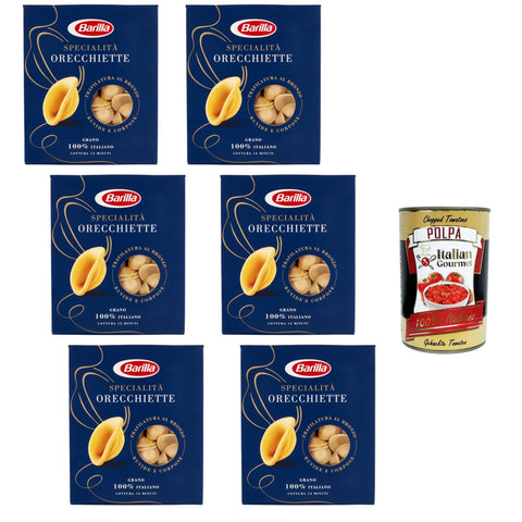 Barilla Orecchiette Specialità 6 x 500 g - Original Italian Durum Wheat Pasta, Bronze Rough "Ears", al dente in 12 minutes, Ideal for Sauces & Casseroles + Italian Gourmet Polpa