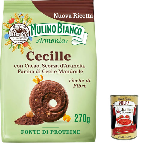 6 x Mulino Bianco Cecille, shortcrust pastry biscuits with cocoa, orange peel, chickpea and almond flour, rich in fibre, protein source, 270 g + Italian gourmet polpa 400 g