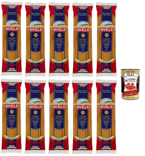 Divella Pasta 100% Italian Vermicelli N° 7, Durum Wheat Semolina Pasta, Cooking 9 Minutes 10 x 500 g + Italian Gourmet Polpa 400 g