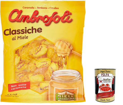 12 x Ambrosoli Caramelle Classiche al Miele, classic honey sweets, 135 g + Italian gourmet polpa 400 g