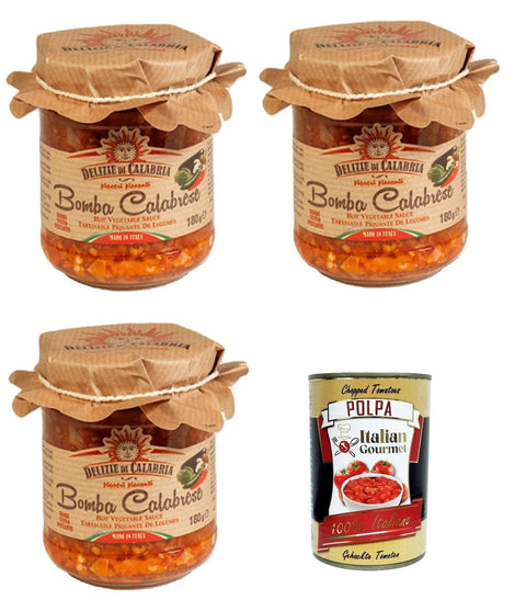 Delizia di Calabria, Bomba Calabrese, Italian Hot Sauce Spread, Spicy Italian Spice with Authentic Calabrian Chili, Fiery Hot Dip Salsa 3 x 180 g + Italian Gourmet Polpa 400 g
