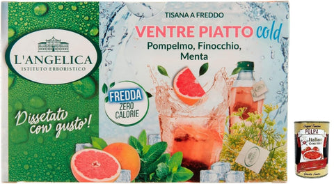L' Angelica Tisana Ventre Piatto Cold Herbal Tea Flavour with Grapefruit, Fennel and Mint 18 Filters + Italian Gourmet Polpa di Pomodoro 400g Tin