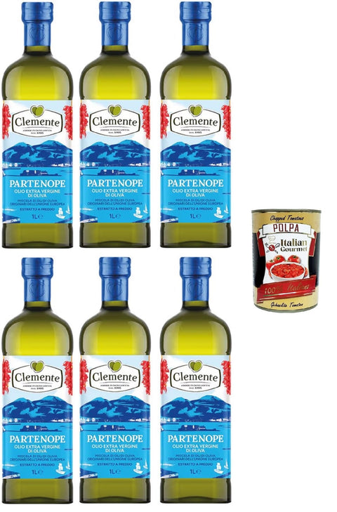 Clemente Partenope - Extra Cold Pressed Virgin Olive Oil - Blend of European Olive Oils - Made in Italy 6 x 1 lt + Italian Gourmet Polpa 400 g