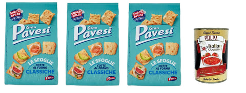 Gran Pavesi Sfoglie Classiche Crackers Baked in the Oven Crispy Salt Pastry Snack 3 x 180 g + Italian Gourmet Polpa 400 g
