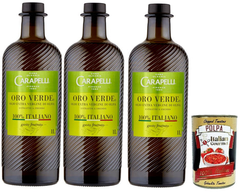 Carapelli, olio extra virgin di oliva Oro Verde, 100% Italiano, 100% Italian virgin olive oil. 3x 1lt + Italian Gourmet polpa 400g