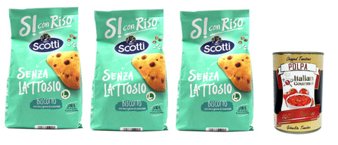 Si con Riso Biscotto con riso e gocce di cioccolato biscuits with rice and chocolate chips, lactose free and palm free biscuits, lactose free biscuits, 3 x 350 g + Italian gourmet polpa 400 g