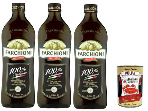 Farchioni Olio Extra Vergine di Oliva 100% Italiano Extra Virgin Olive Oil with Italian Olives 3 x 1 Litre Cold Extraction Cooking Oil + Italian Gourmet Polpa 400 g