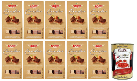 10 x Novi Cuadro Quattro, Four Different Layers of Delicious Chocolate with Italian Hazelnuts, 150 g Bag + Italian Gourmet Polpa di Pomodoro 400 g Tin