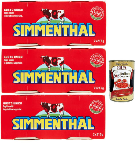 SIMMENTHAL Carne in Scatola, Beef in Aspic 3x (2x 215g) 100% Italian Meat Aspic Meat + Italian Gourmet Polpa 400g