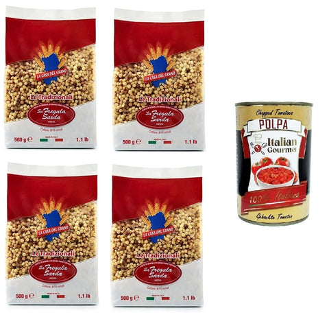 La Casa del Grano Fregola Sarda Media Medium Sardinian Fregola 4 x 500 g + Italian Gourmet Polpa 400 g
