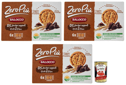 3 x Balocco Zero Più Biscotti without added sugar, biscuits with rice and wheat crispies, chocolate drops and extra crunchy 210 g + Italian Gourmet Polpa di Pomodoro 400 g tin