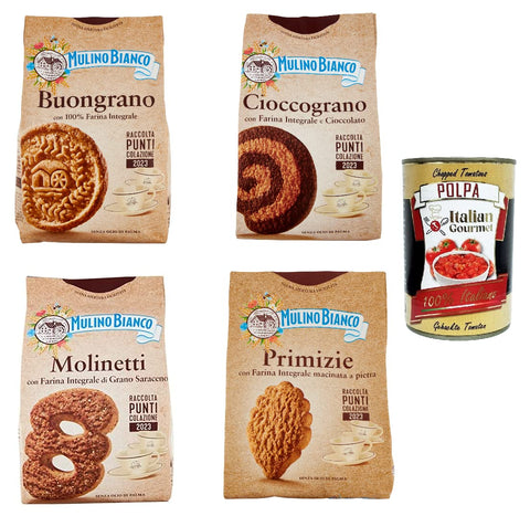Mulino Bianco Test Pack 100% Whole Grain Flour Biscuits Molinetti Buongrano Cioccograno Primizie + Italian Gourmert Polpa 400g