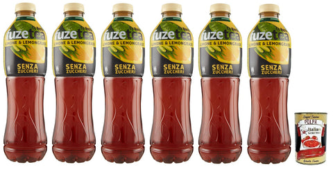 6 x FUZE TEA Iced Tea, No Sugar Lemon Black Tea with a Lemongrass Note, Soft Drink, Alcohol-Free, Disposable PET Bottle 1.25 Lt + Italian Gourmet Polpa di Pomodoro 400 g Tin
